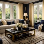 Sala de estar contemporânea com design Art Déco, sofá claro, detalhes em dourado e tons azul-escuro