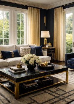 Sala de estar contemporânea com design Art Déco, sofá claro, detalhes em dourado e tons azul-escuro