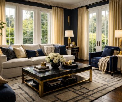 Sala de estar contemporânea com design Art Déco, sofá claro, detalhes em dourado e tons azul-escuro