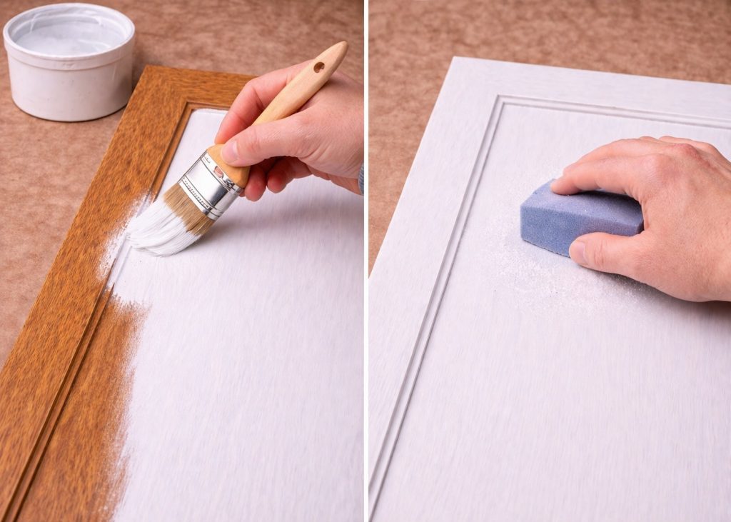 Aplicação de primário com pincel e lixagem leve de porta de armário antes da pintura