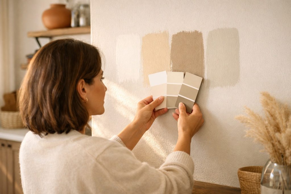 Mulher a comparar amostras de tinta em tons neutros numa parede com luz natural