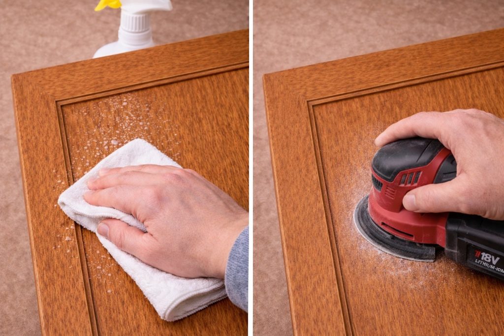 Limpeza e lixagem de porta de armário de madeira antes da aplicação de primário