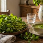 Molho fresco de agrião sobre uma mesa de cozinha, ao lado de uma tigela de sopa verde