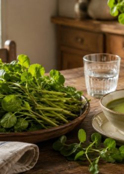 Molho fresco de agrião sobre uma mesa de cozinha, ao lado de uma tigela de sopa verde