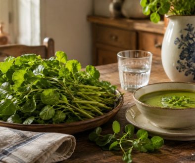 Molho fresco de agrião sobre uma mesa de cozinha, ao lado de uma tigela de sopa verde