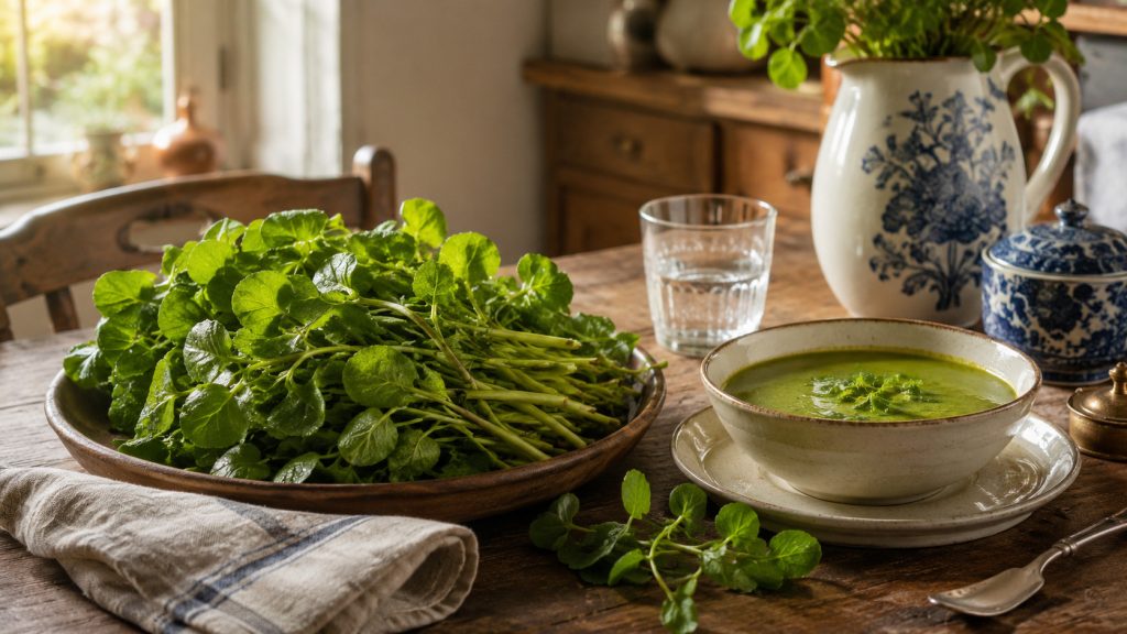 Molho fresco de agrião sobre uma mesa de cozinha, ao lado de uma tigela de sopa verde