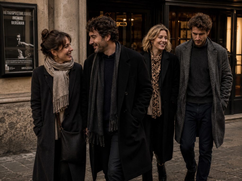 Quatro adultos saem de um cinema ou exposição, numa cena descontraída sobre alternativas aos jantares entre casais.