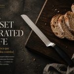 Offset serrated knife sobre uma tábua de madeira escura com pão rústico fatiado, em composição editorial de cozinha.