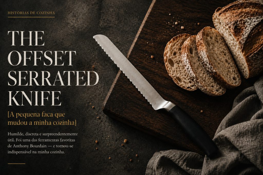 Offset serrated knife sobre uma tábua de madeira escura com pão rústico fatiado, em composição editorial de cozinha.