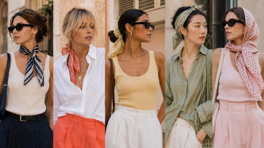 Colagem editorial com cinco mulheres usando lenços em diferentes cores e padrões, incluindo azul-marinho, coral, amarelo suave, verde e rosa com bolinhas, mostrando como os tons próximos do rosto influenciam o visual de verão.