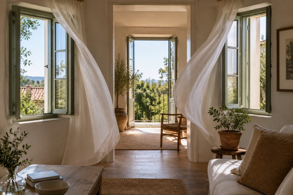 Interior luminoso de uma casa portuguesa com janelas abertas em lados opostos, criando ventilação cruzada numa tarde de verão.