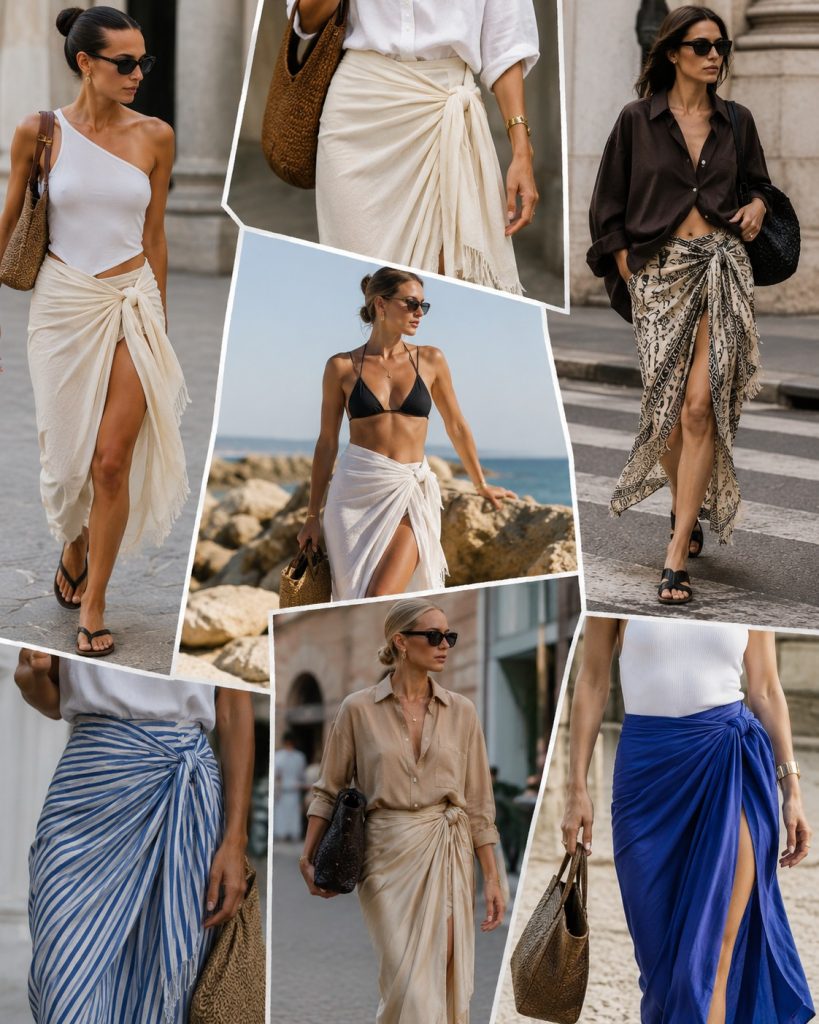 Colagem editorial de moda com diferentes interpretações da saia-pareo, incluindo modelos drapeados, estampados e em cores vibrantes, usadas em ambientes urbanos e costeiros.