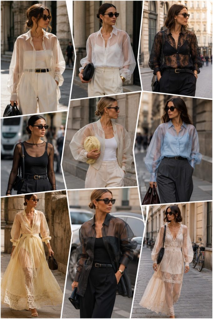 Colagem editorial de moda com peças transparentes em mesh, renda e organza, combinadas com alfaiataria leve e looks urbanos inspirados nas tendências do Verão 2026.
