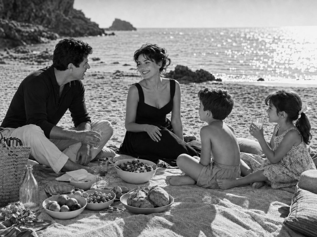 Família sentada numa manta na praia a partilhar um almoço com saladas, fruta e pão, numa imagem a preto e branco com atmosfera de cinema italiano clássico.