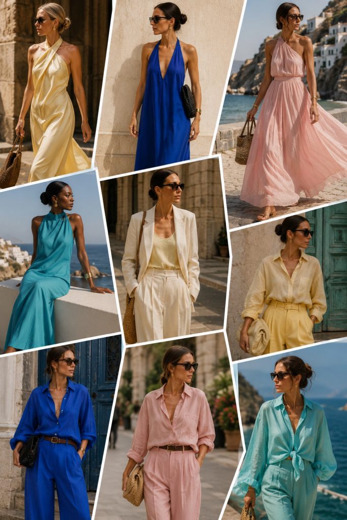 Colagem editorial de moda com looks em azul-cobalto, turquesa, amarelo-manteiga e rosa suave, inspirados nas principais tendências de cor do Verão 2026.