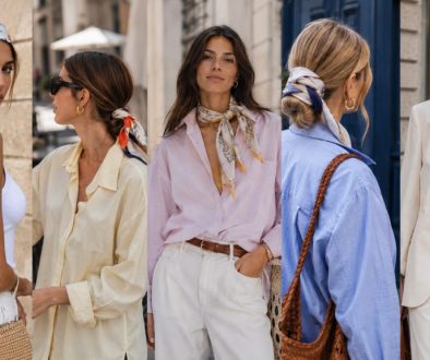 Colagem editorial com cinco mulheres usando lenços em diferentes cores e padrões, incluindo azul-marinho, coral, amarelo suave, verde e rosa com bolinhas, mostrando como os tons próximos do rosto influenciam o visual de verão.