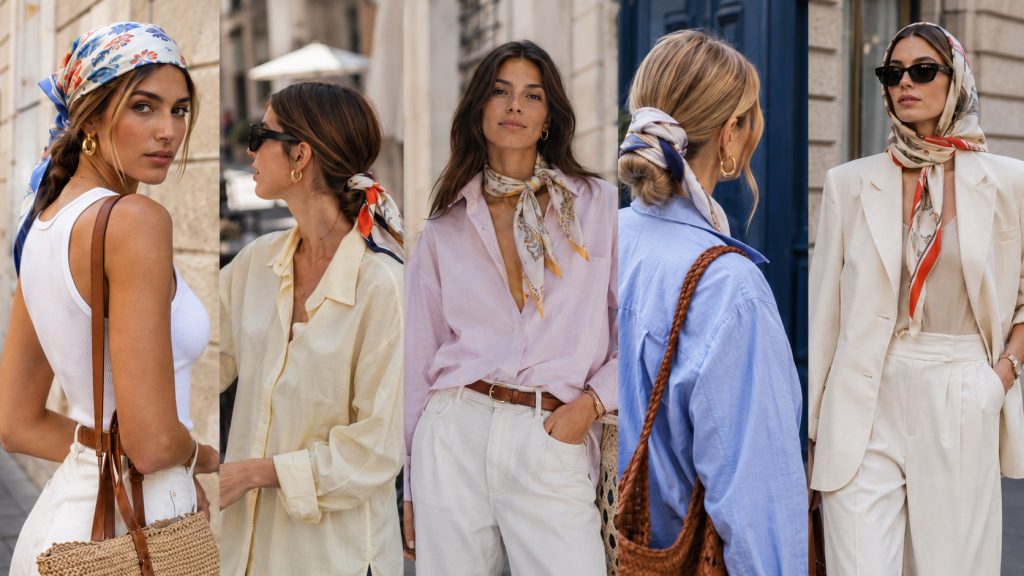 Colagem editorial com cinco mulheres usando lenços em diferentes cores e padrões, incluindo azul-marinho, coral, amarelo suave, verde e rosa com bolinhas, mostrando como os tons próximos do rosto influenciam o visual de verão.