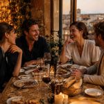 Grupo de quatro amigos num jantar elegante ao entardecer, com vinho, pão e pratos partilhados sobre a mesa, conversando e rindo sem telemóveis visíveis, numa atmosfera europeia quente e sofisticada.