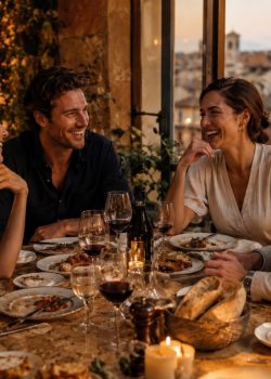 Grupo de quatro amigos num jantar elegante ao entardecer, com vinho, pão e pratos partilhados sobre a mesa, conversando e rindo sem telemóveis visíveis, numa atmosfera europeia quente e sofisticada.