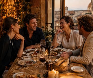 Grupo de quatro amigos num jantar elegante ao entardecer, com vinho, pão e pratos partilhados sobre a mesa, conversando e rindo sem telemóveis visíveis, numa atmosfera europeia quente e sofisticada.