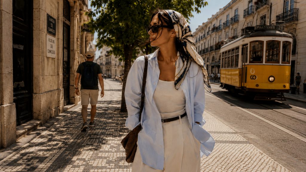 Mulher elegante numa rua de Lisboa usando camisa clara, óculos de sol e lenço estampado no cabelo, com um elétrico amarelo ao fundo num dia de verão.