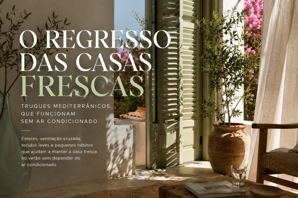 Casa mediterrânica luminosa com estores parcialmente fechados, paredes claras, plantas e uma suave corrente de ar num dia quente de verão.