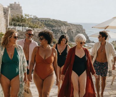 Grupo diverso de mulheres e homens de várias idades e corpos a caminhar junto ao mar, com fatos de banho elegantes, num ambiente mediterrânico de Verão.