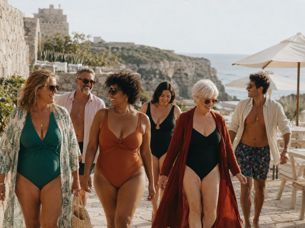 Grupo diverso de mulheres e homens de várias idades e corpos a caminhar junto ao mar, com fatos de banho elegantes, num ambiente mediterrânico de Verão.