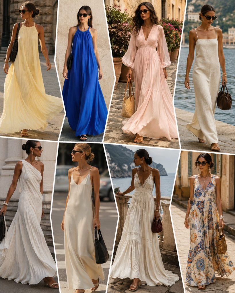 Colagem editorial de moda com vários vestidos maxi em diferentes estilos, cores e tecidos leves, inspirada nas tendências do Verão 2026.