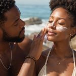 Casal negro na praia em plano aproximado, com o homem a aplicar protetor solar no rosto da mulher, enquanto ela mantém os olhos fechados, com o mar e as rochas ao fundo.