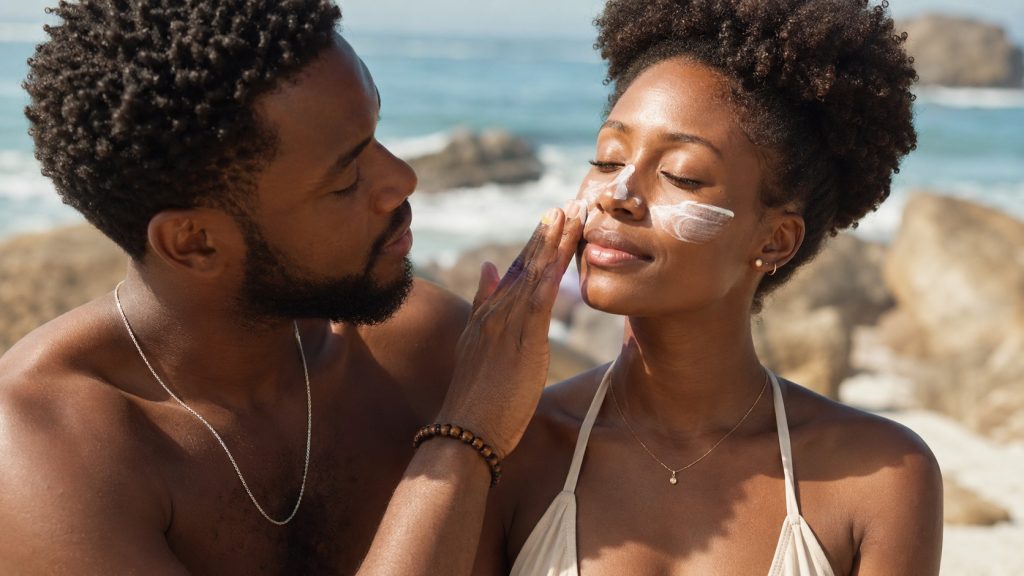 Casal negro na praia em plano aproximado, com o homem a aplicar protetor solar no rosto da mulher, enquanto ela mantém os olhos fechados, com o mar e as rochas ao fundo.