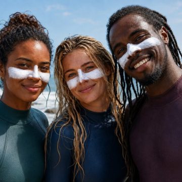 Três surfistas junto ao mar — uma mulher negra, uma mulher branca loira e um homem negro — usam fatos de surf coloridos e têm protetor solar mineral branco, espesso, espalhado nas maçãs do rosto e no nariz.