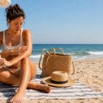 Mulher sentada numa toalha de praia a aplicar protetor solar no braço, com o mar, um chapéu de palha e uma mala de praia ao fundo.