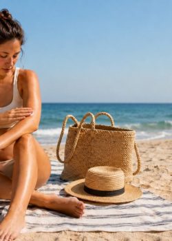 Mulher sentada numa toalha de praia a aplicar protetor solar no braço, com o mar, um chapéu de palha e uma mala de praia ao fundo.