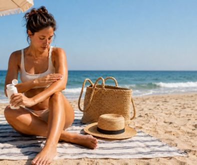 Mulher sentada numa toalha de praia a aplicar protetor solar no braço, com o mar, um chapéu de palha e uma mala de praia ao fundo.