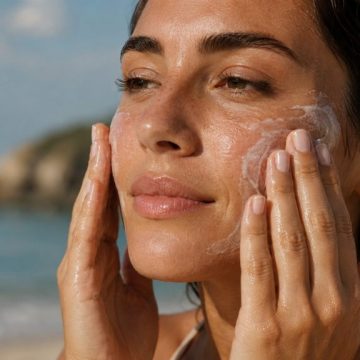 Plano aproximado de uma mulher na praia a espalhar protetor solar no rosto com ambas as mãos, com o mar e a costa desfocados ao fundo.
