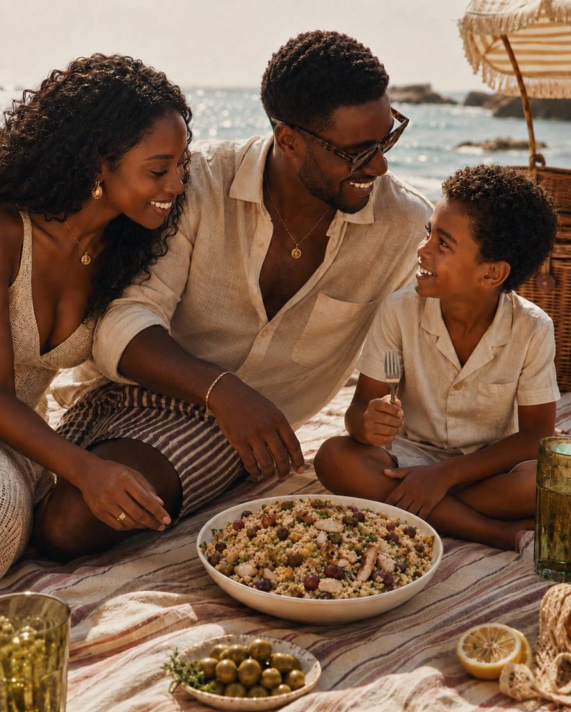 Família sentada numa manta na praia a comer uma salada de frango grelhado com uvas, cuscuz, ervas frescas e molho de iogurte, servida numa travessa branca junto ao mar.
