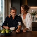 Casal maduro numa cozinha moderna e luxuosa de estilo nova-iorquino, com um medidor de pressão arterial sobre a mesa, num ambiente elegante que evoca prevenção e cuidado cardiovascular.