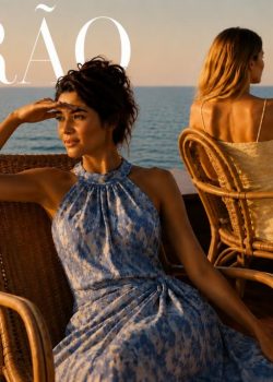 Duas mulheres elegantes sentadas num barco ao pôr do sol, usando vestidos fluidos de verão, inspiradas nas tendências de moda do Verão 2026.