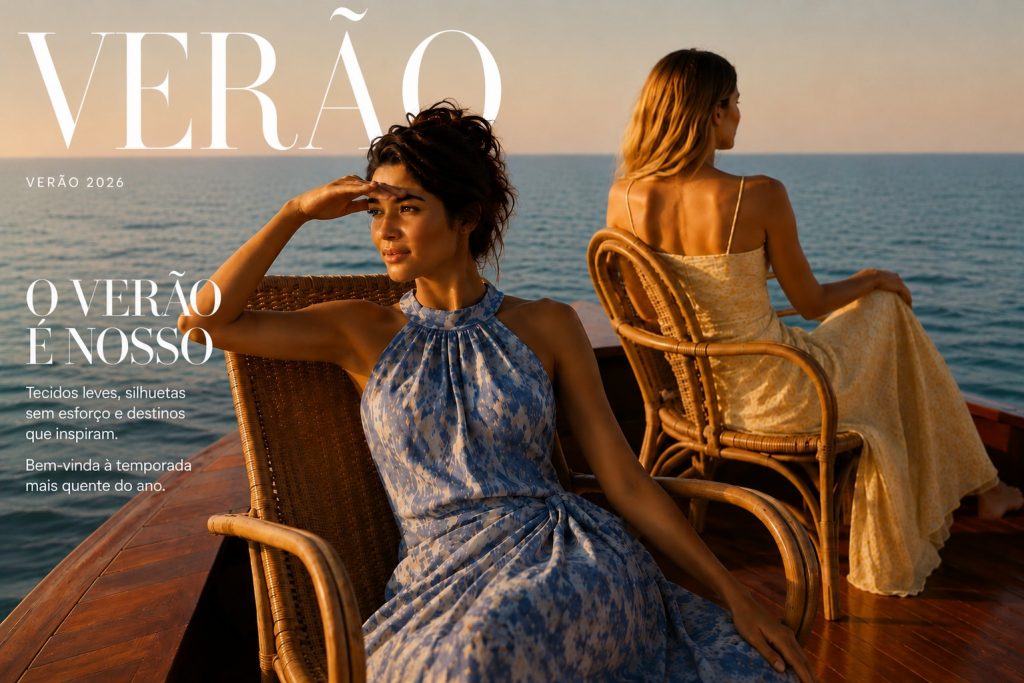 Duas mulheres elegantes sentadas num barco ao pôr do sol, usando vestidos fluidos de verão, inspiradas nas tendências de moda do Verão 2026.