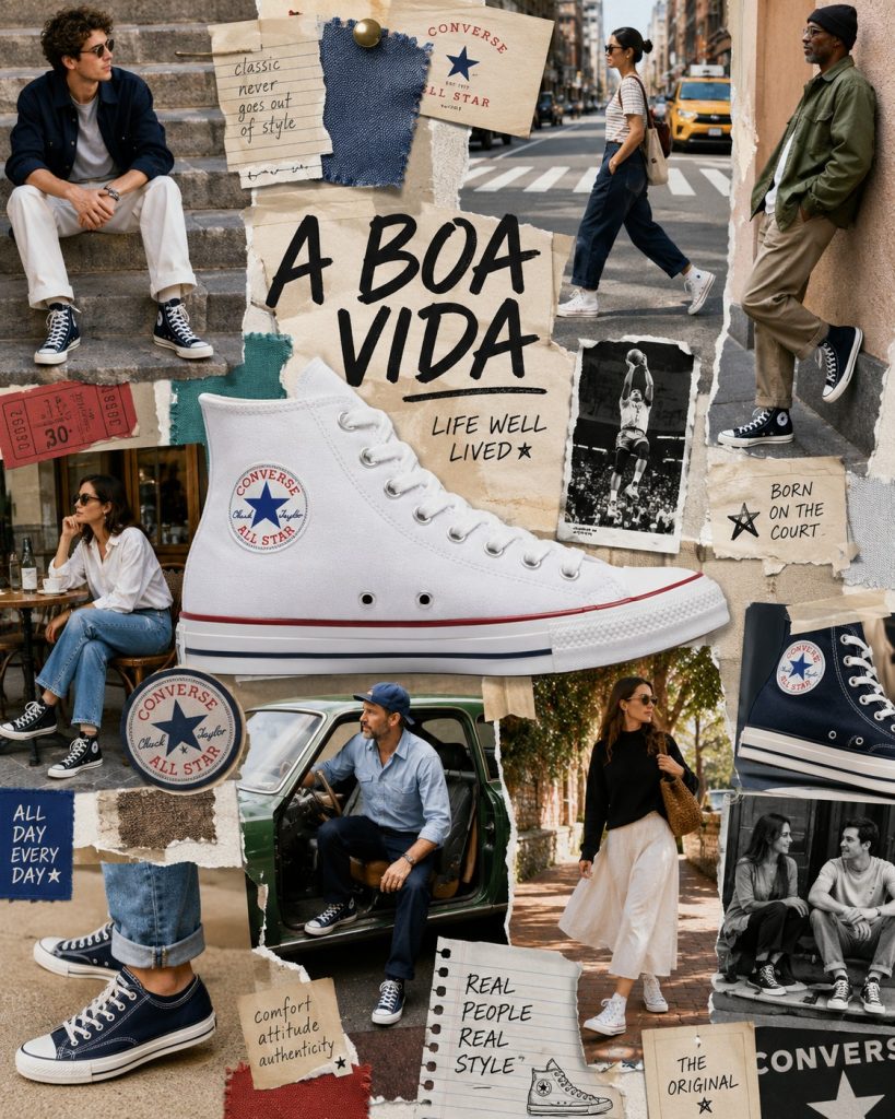 Colagem editorial com ténis Converse All Star clássicos, de cano alto e baixo, em branco, azul-marinho e preto, usados por pessoas de diferentes idades.