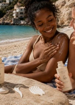 Duas mulheres jovens na praia, uma negra e uma branca, relaxam sobre uma toalha junto ao mar, com protetor solar aplicado no ombro; em primeiro plano, vários frascos de protetor solar mostram diferentes níveis de FPS, incluindo 15, 30, 50 e 50+.