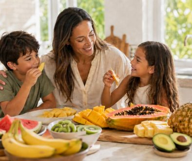 Mãe com dois filhos sentados à ilha da cozinha, a comer frutas frescas da lista dos Quinze Limpos, incluindo ananás, banana, papaia, melancia, manga, kiwi e abacate, numa cozinha luminosa e familiar.