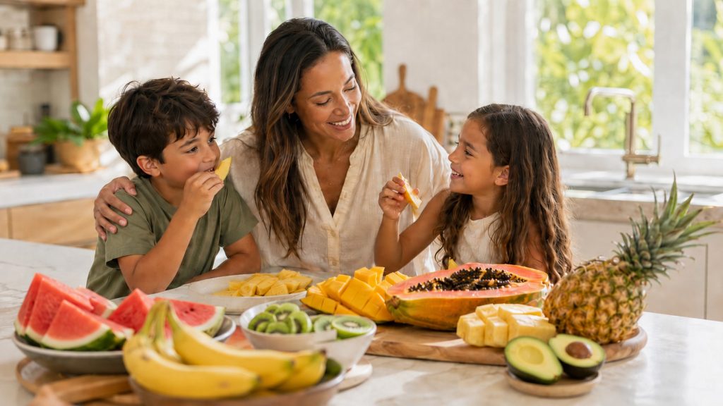 Mãe com dois filhos sentados à ilha da cozinha, a comer frutas frescas da lista dos Quinze Limpos, incluindo ananás, banana, papaia, melancia, manga, kiwi e abacate, numa cozinha luminosa e familiar.