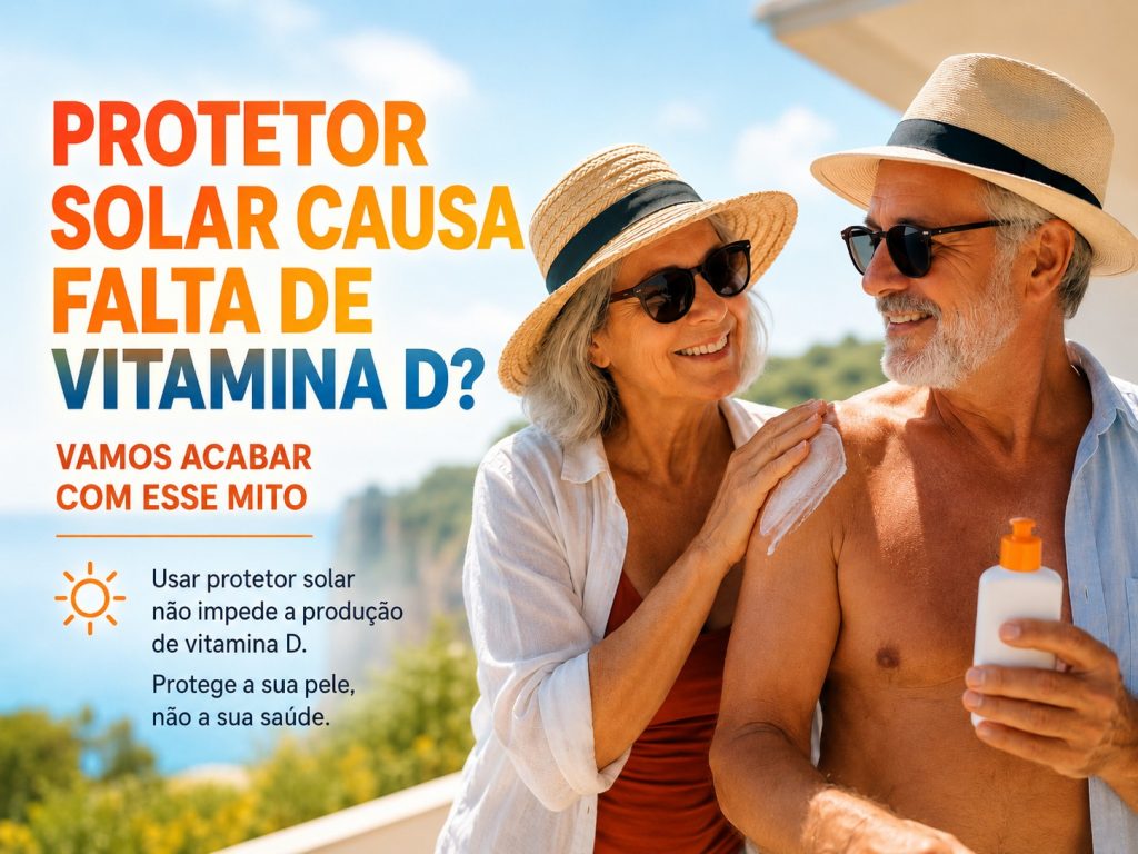 Casal mais velho ao ar livre, com chapéus e óculos de sol, enquanto a mulher aplica protetor solar no ombro do homem; a imagem inclui texto sobre o mito de que o protetor solar causa falta de vitamina D.