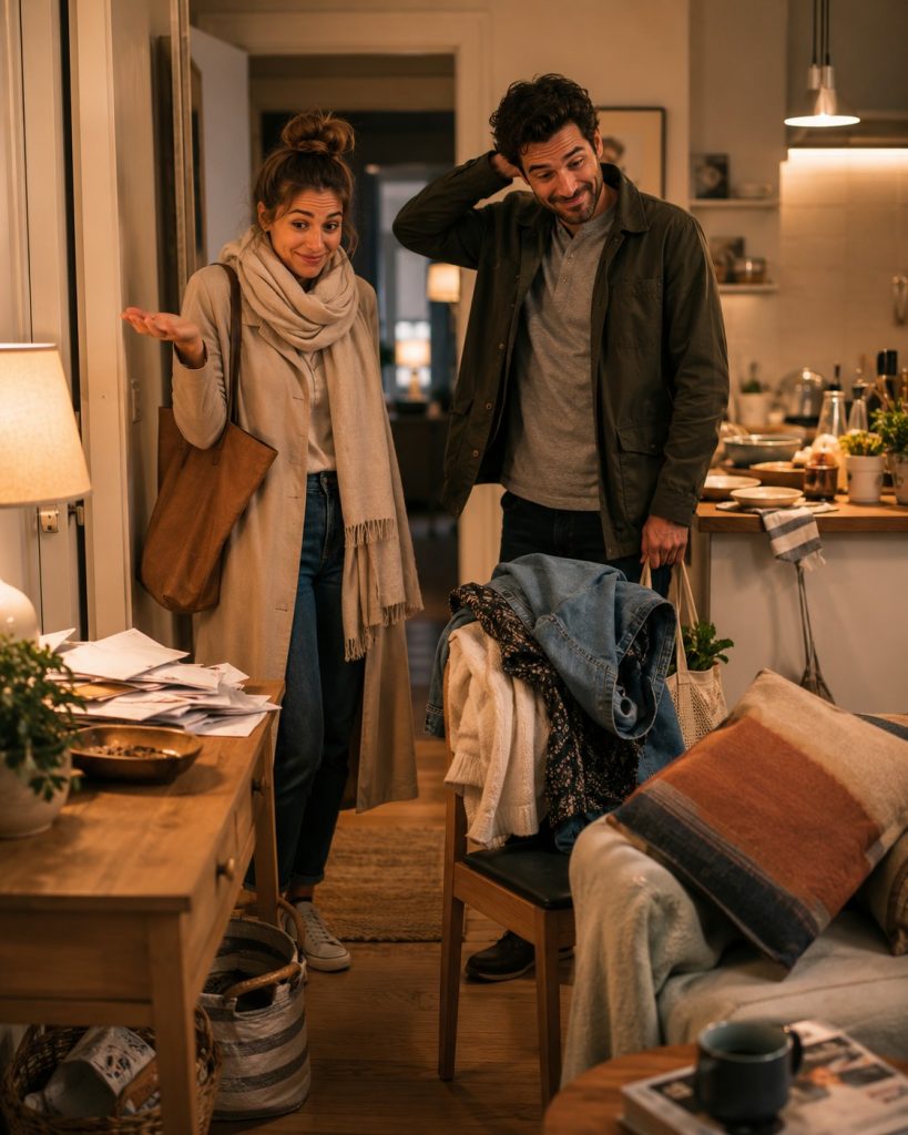 Homem e mulher a chegar a casa ao fim do dia, com expressão divertida e cansada, diante de uma entrada acolhedora mas ligeiramente desarrumada, com cartas, roupa numa cadeira, objetos fora do sítio e uma sala vivida ao fundo.