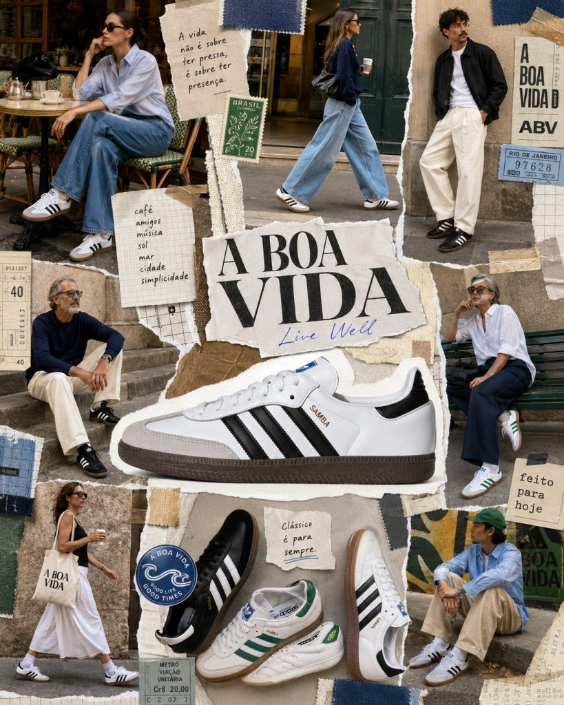 Colagem editorial com ténis adidas Samba clássicos, sobretudo em branco e preto, em looks urbanos e casuais usados por pessoas de diferentes idades.