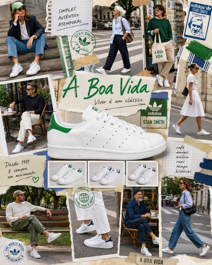 Colagem editorial com ténis adidas Stan Smith brancos, com variações de detalhes verdes, azuis e pretos, usados em coordenados casuais e elegantes.