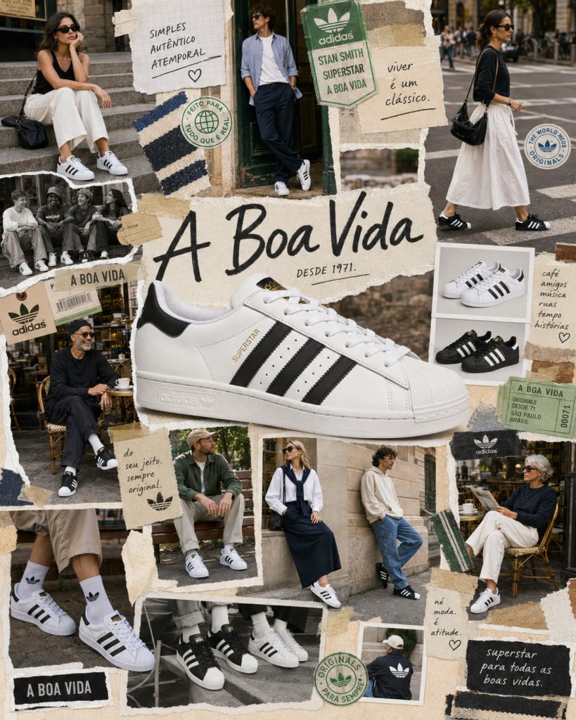 Colagem editorial com ténis adidas Superstar de biqueira em concha, em versões branca com riscas pretas, preta com riscas brancas e branca integral, usados por pessoas de diferentes idades.