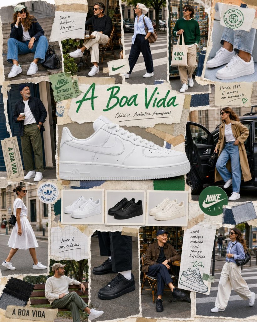 Colagem editorial com ténis Nike Air Force 1 Low em branco, preto e tons neutros, usados com ganga larga, alfaiataria descontraída, saias e roupa casual por adultos de várias idades.